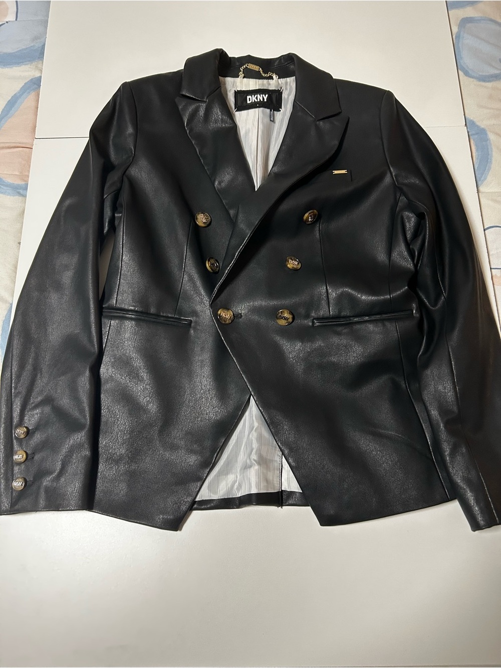 DKNY Black Double-Breasted Faux Leather Blazer
